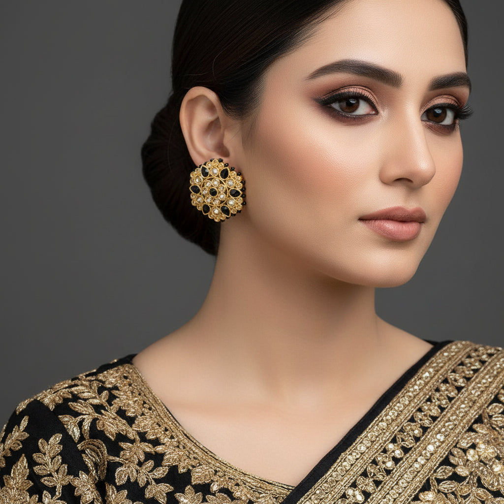 Pair of ornate earrings with gold, black, and clear gemstones on a dark background, branded 'Saheeli'.