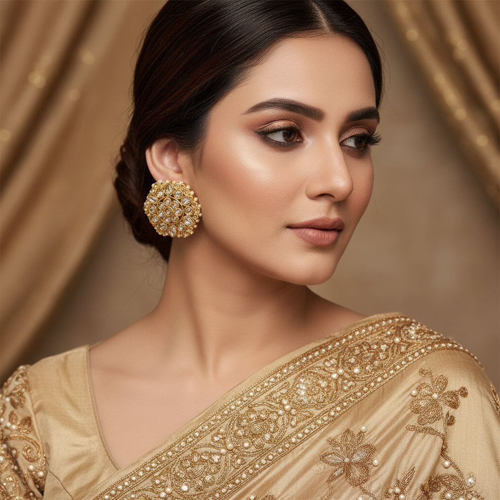 Gold earrings with intricate design on a dark background, featuring the brand 'Saheli'.