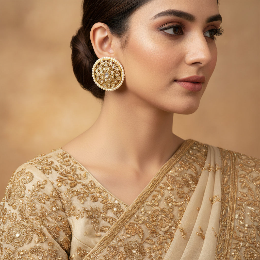 Gold earrings with intricate designs on a dark background, featuring the brand 'Saheli'.