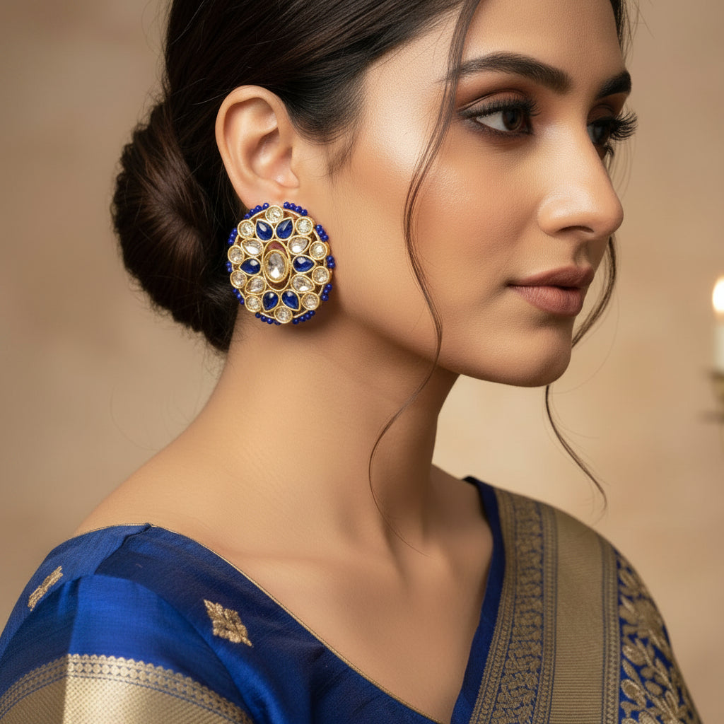 Gold and blue earrings with 'SAHELL' branding on a gray background