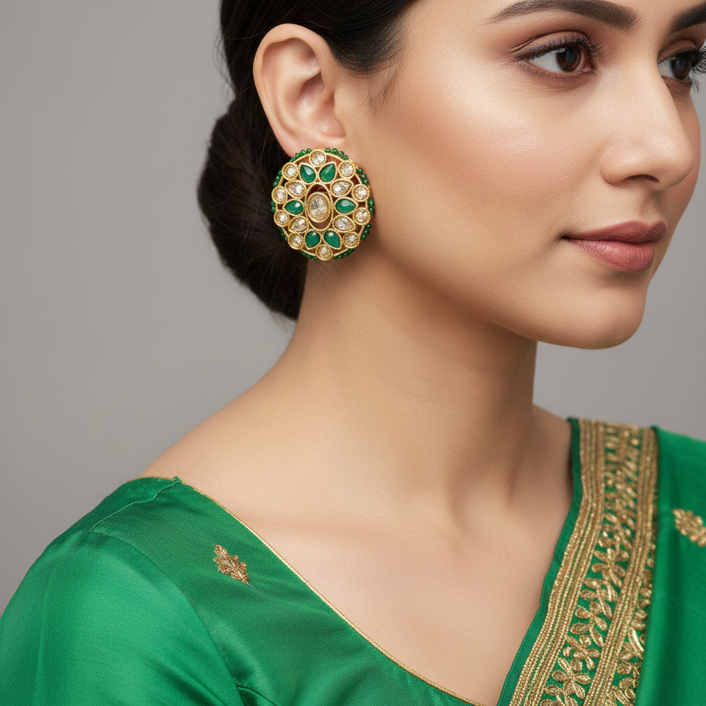 Gold and green earrings with 'Saheeli' branding on a gray background