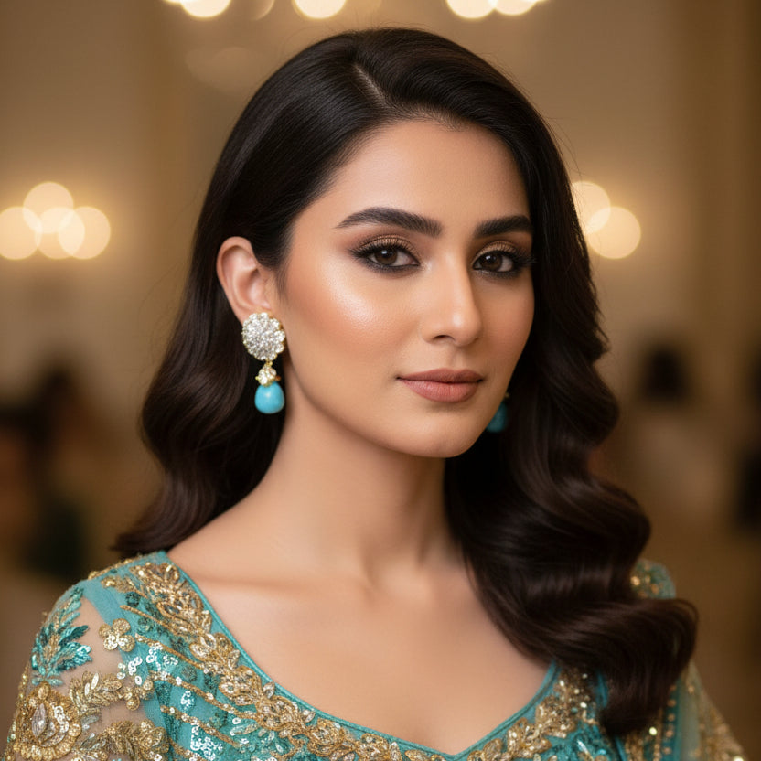 Pair of earrings with diamond-like stones and turquoise drops on a dark background