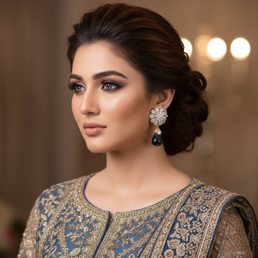 Pair of diamond earrings with sapphire drops on a gray background