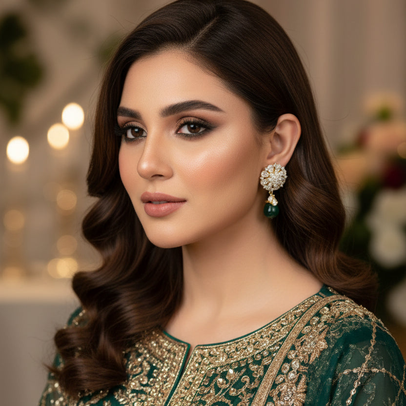 Pair of earrings with floral designs and green gemstones on a dark background