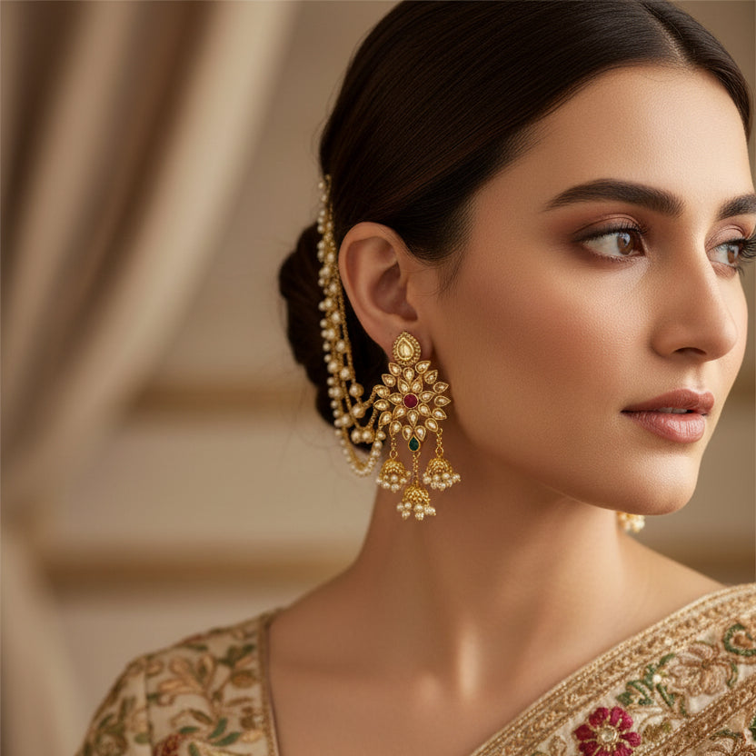 Gold necklace and earrings set with 'SAHELI' branding on a dark background