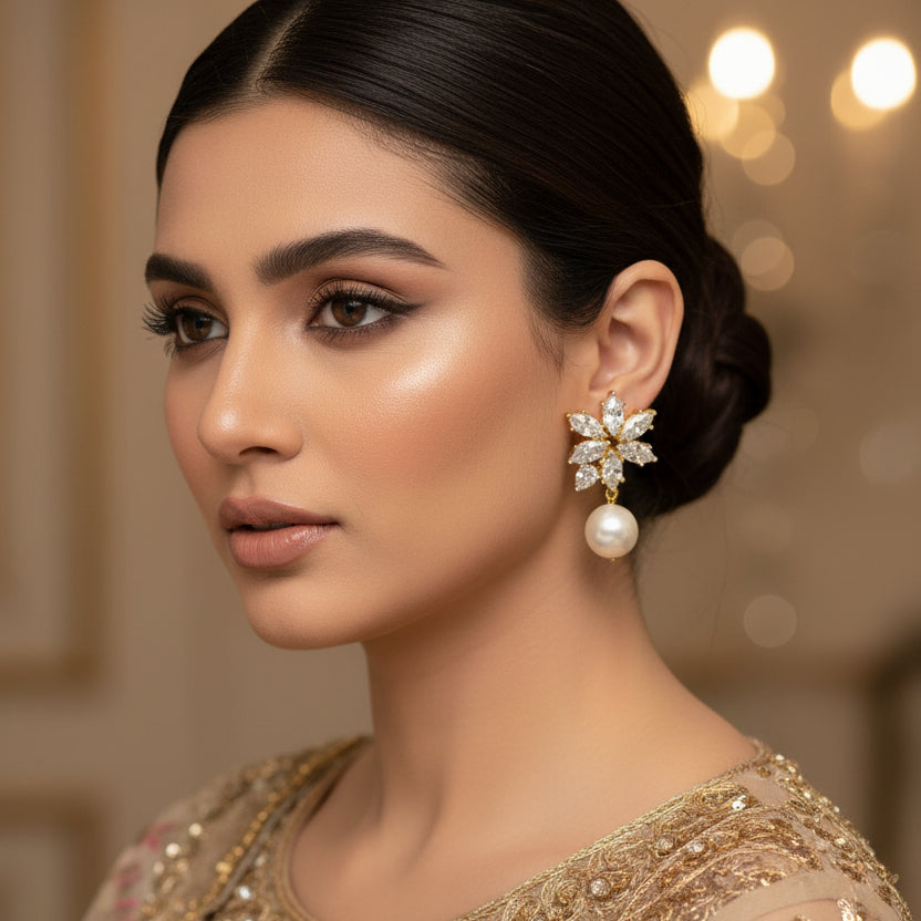 Pair of earrings with floral design and pearl drops on a black stand, branded 'Saheli'.