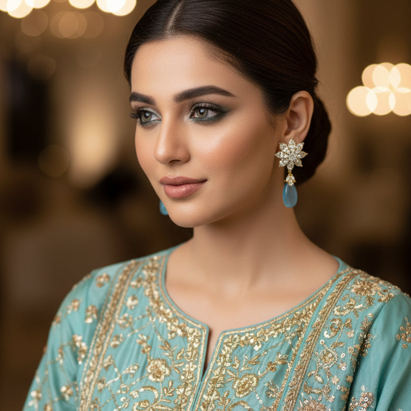 Pair of earrings with floral designs and blue teardrop stones on a dark background