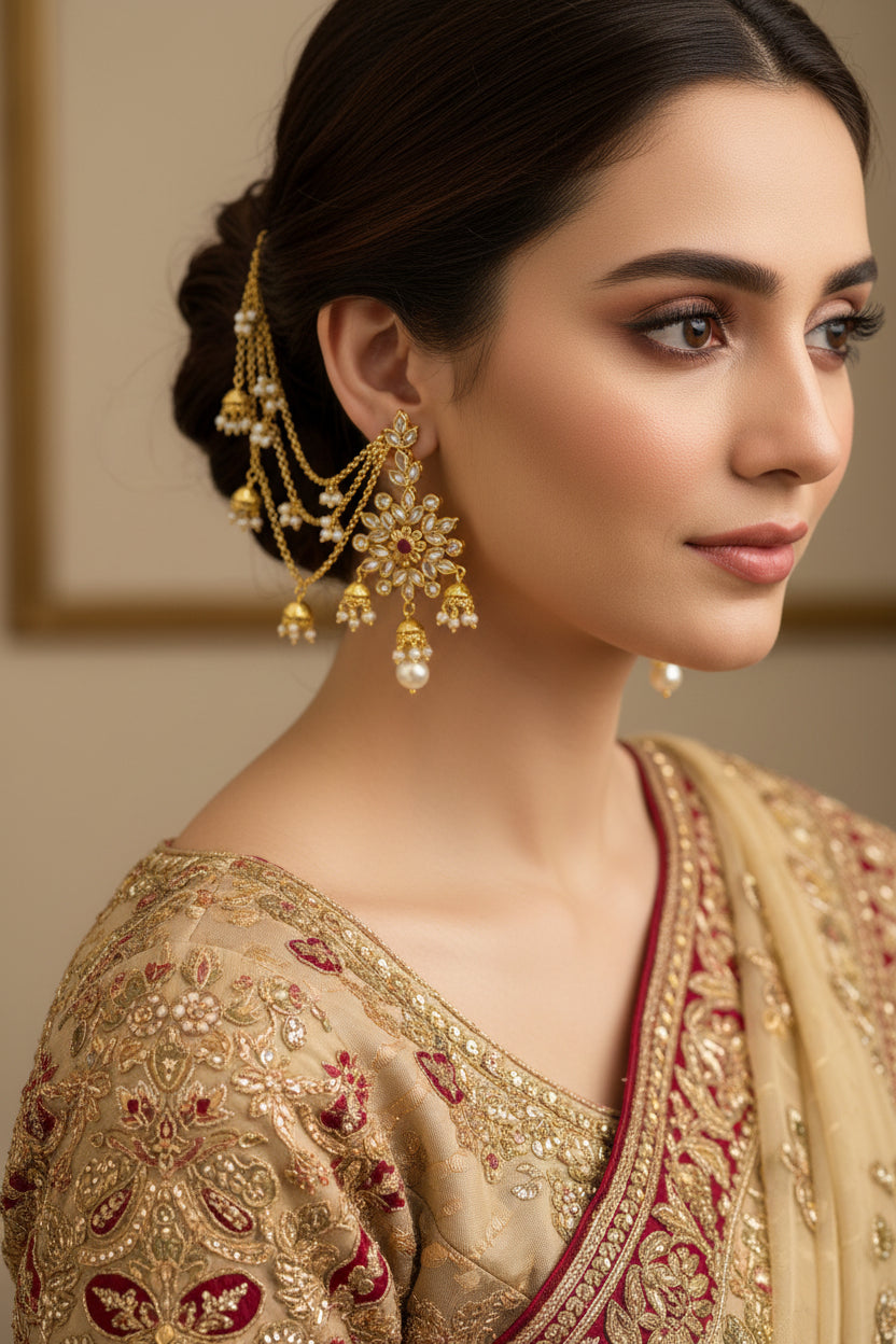 Woman wearing traditional embroidered saree with gold jewelry