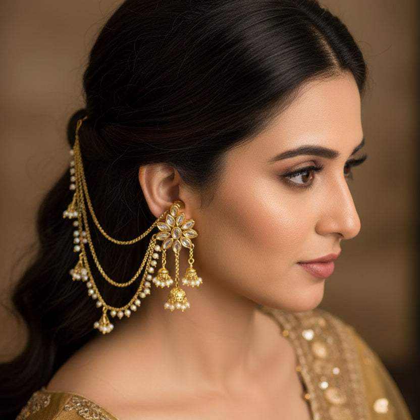 Gold necklace and earrings set with 'Saheli' branding on a dark background