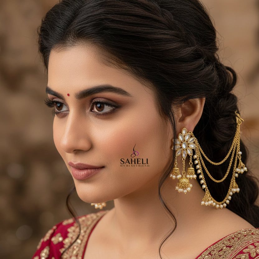 Gold jewelry set with floral designs on a dark background, featuring the brand 'SAHELI'.