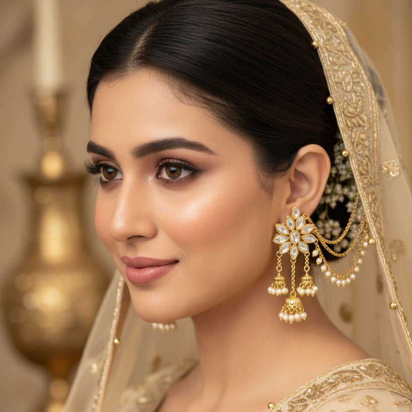 Gold jewelry set with floral designs on a dark background, featuring the brand 'SAHELI'.