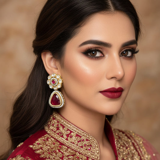 Pair of ornate earrings with red gemstones and gold accents on a gray background, branded 'Saheli'.