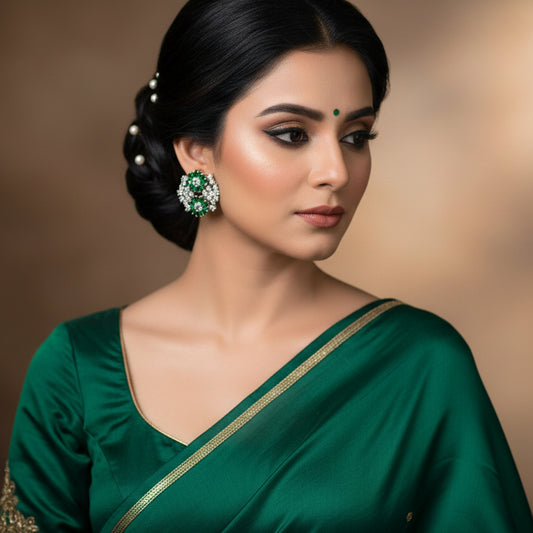 Pair of silver earrings with green gemstones on a dark background, featuring the brand 'Saheli'.