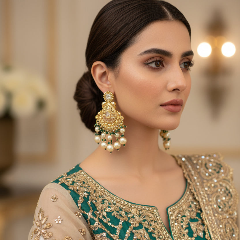 Ornate gold earrings with pearls and green beads on a dark background, branded 'Saheli'.