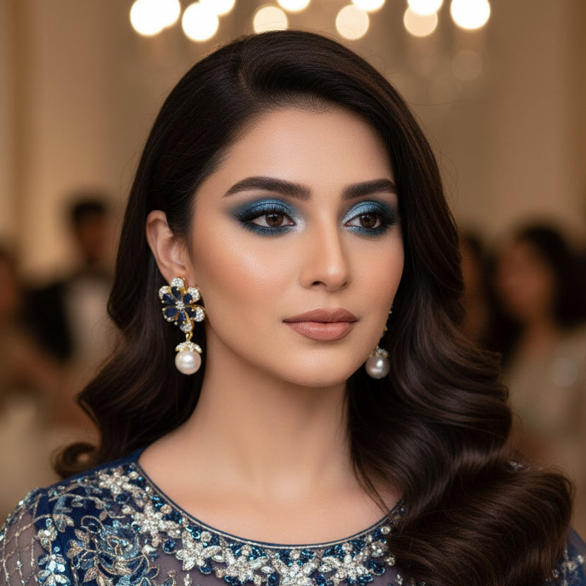 Pair of earrings with blue gemstones and pearl drops on a gray stand, branded 'SAHELI'.