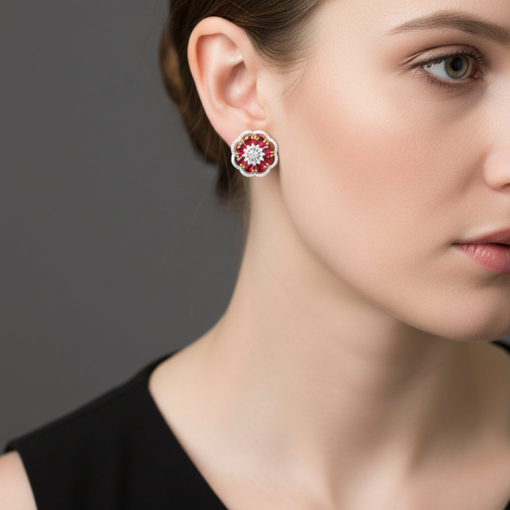 Pair of floral earrings with red and silver design on a gray surface