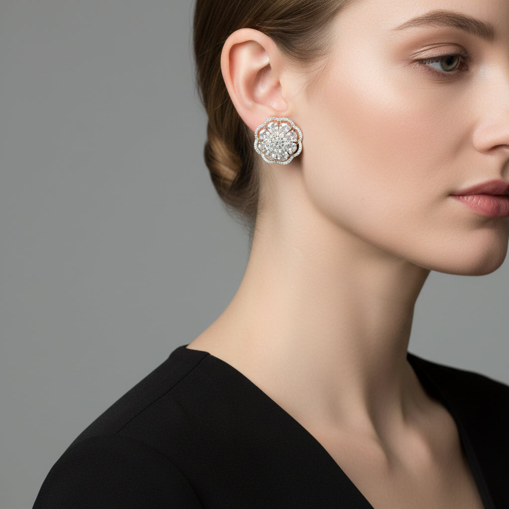 Pair of silver floral earrings with clear gemstones on a gray cushion against a dark background