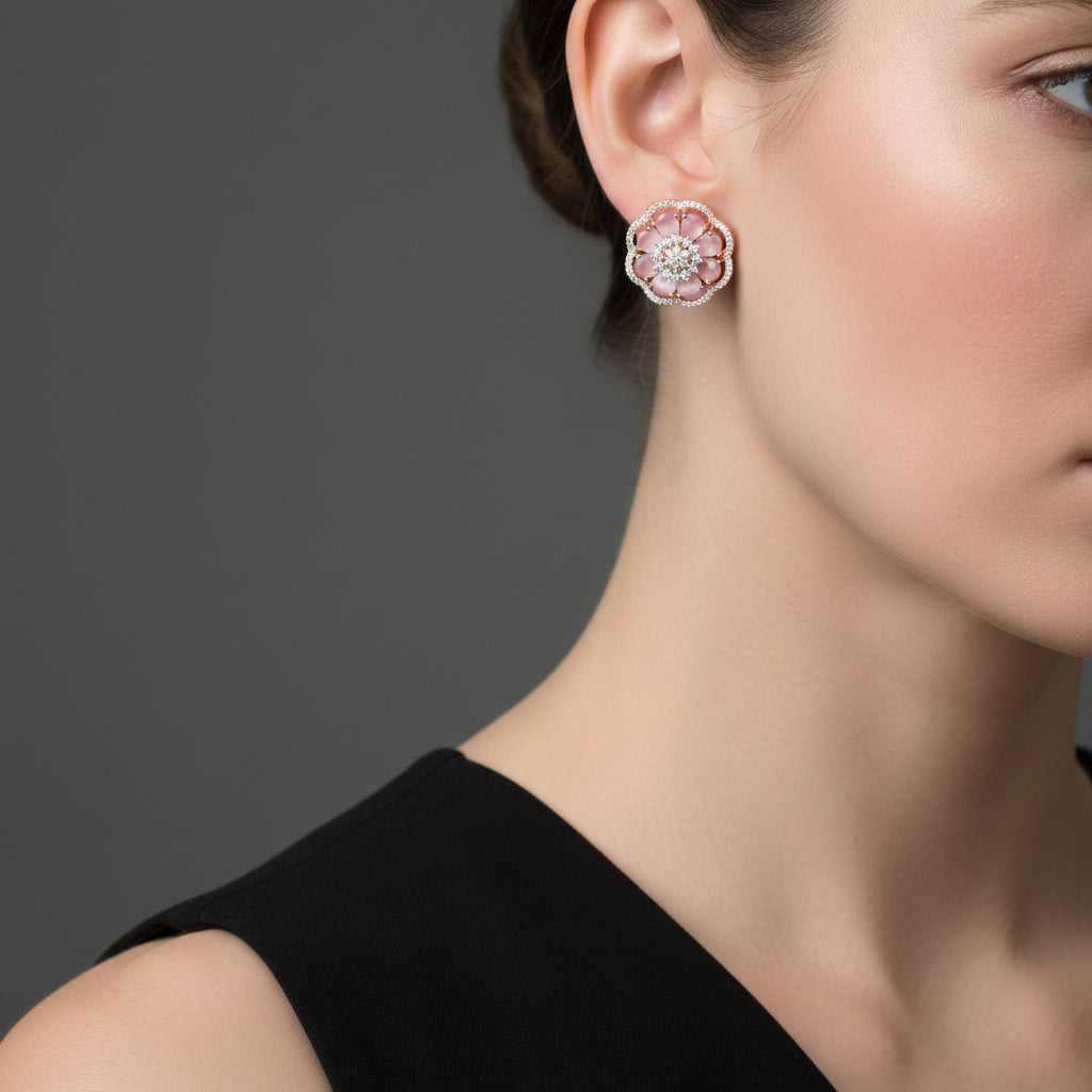 Pair of pink flower-shaped earrings on a gray surface with a dark background