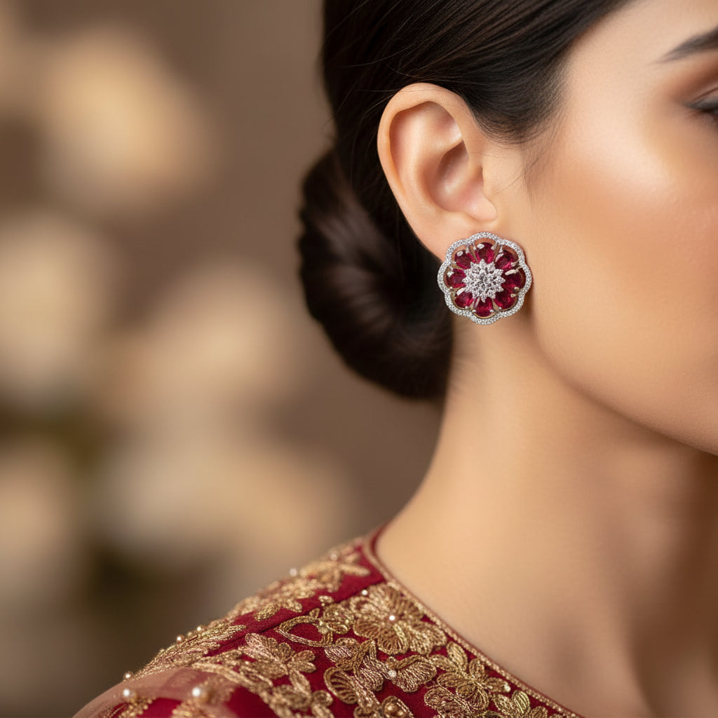 Pair of floral earrings with red gemstones on a gray surface