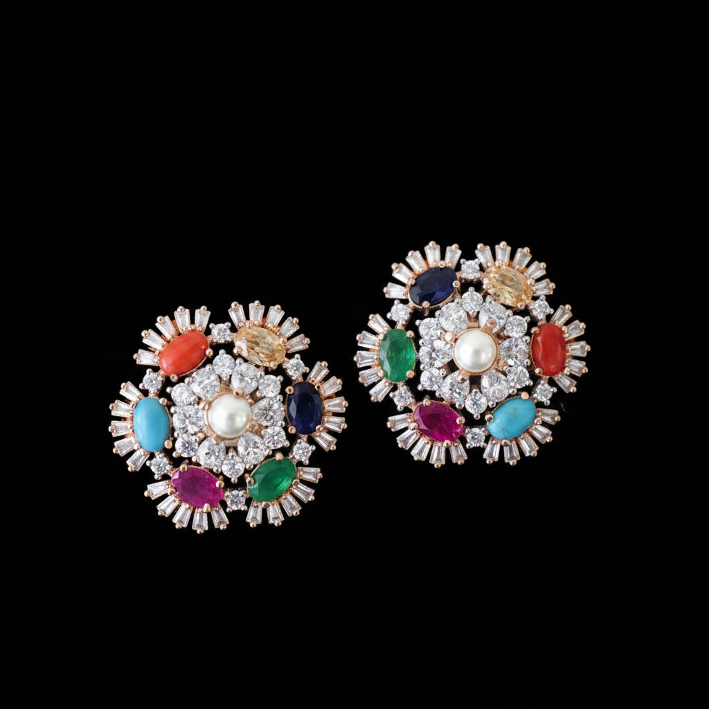 Pair of colorful gemstone earrings on a dark background
