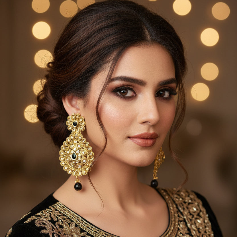 Gold earrings with black stones on a dark background, branded 'SAHELI'.