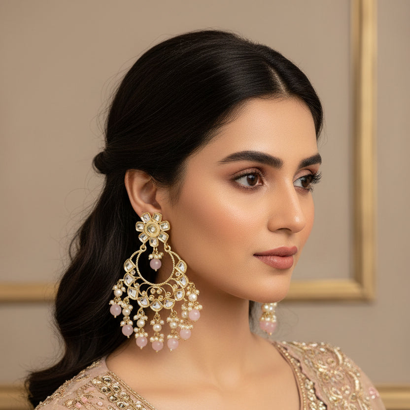 Ornate earrings with floral and chandelier designs on a dark background