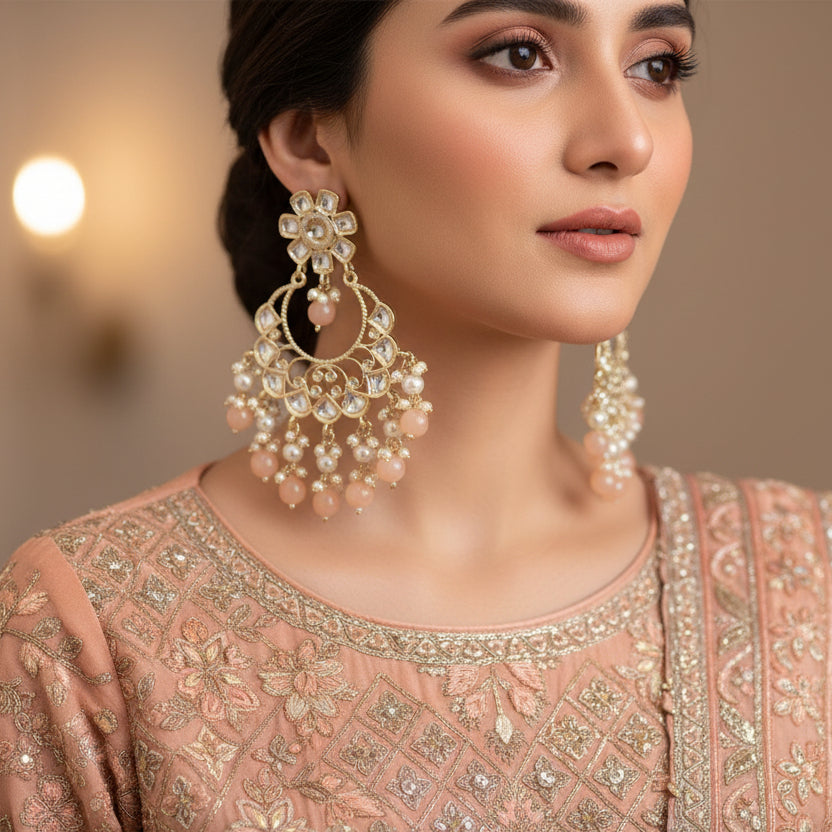 Ornate gold earrings with pearls and stones on a dark background