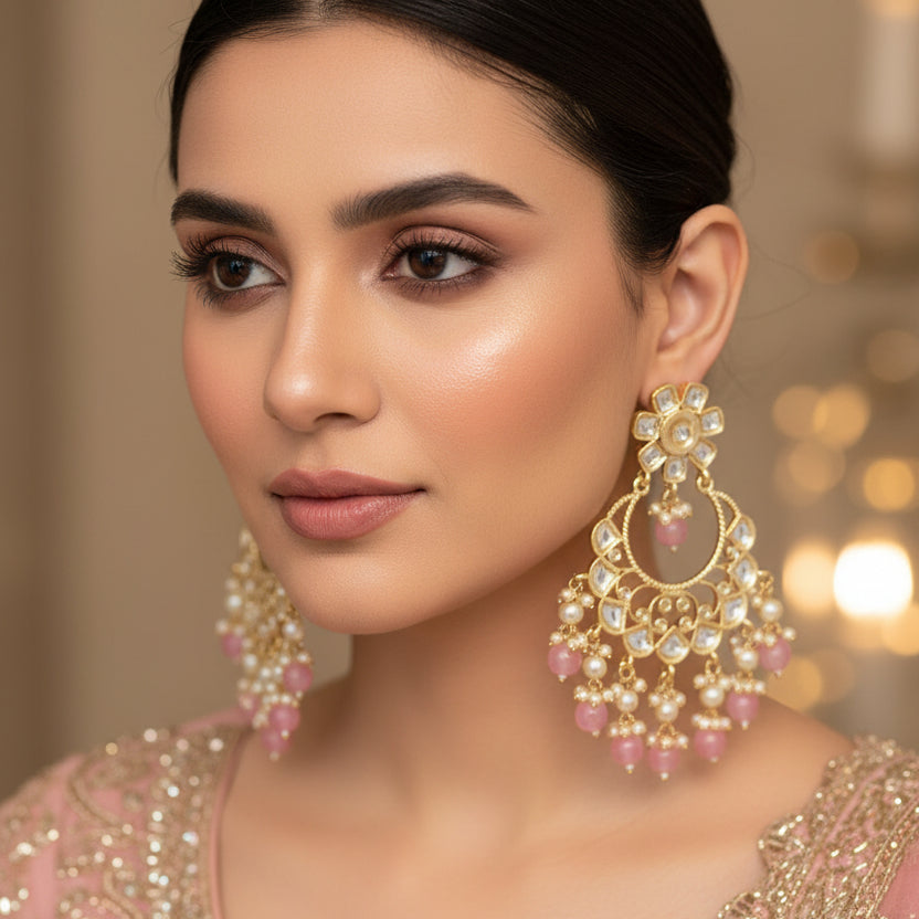 Pair of ornate earrings with pink gemstones on a dark background