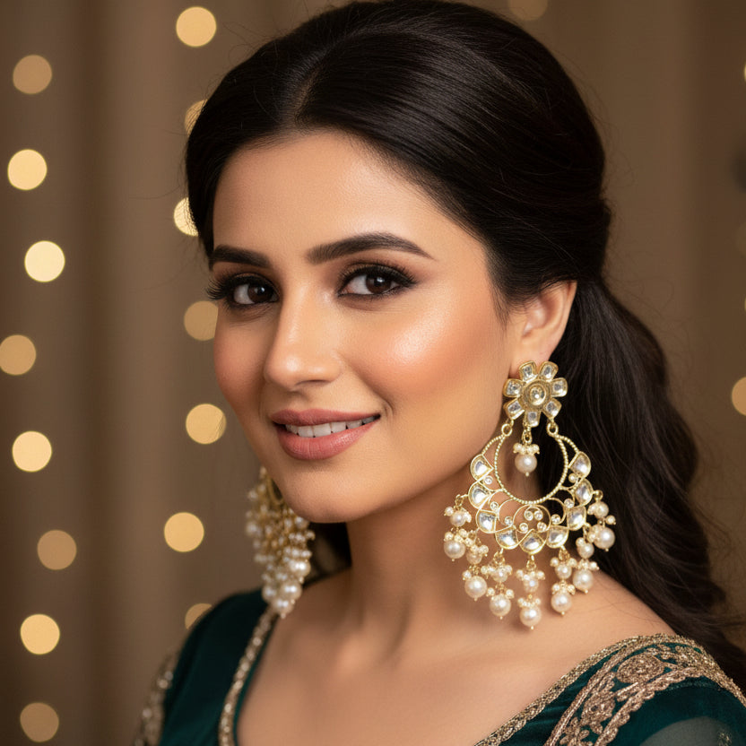 Pair of ornate earrings with pearls on a dark background