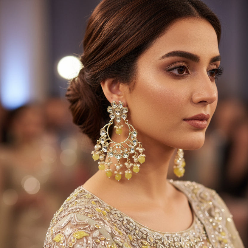 Pair of ornate earrings with floral designs and green gemstones on a dark background