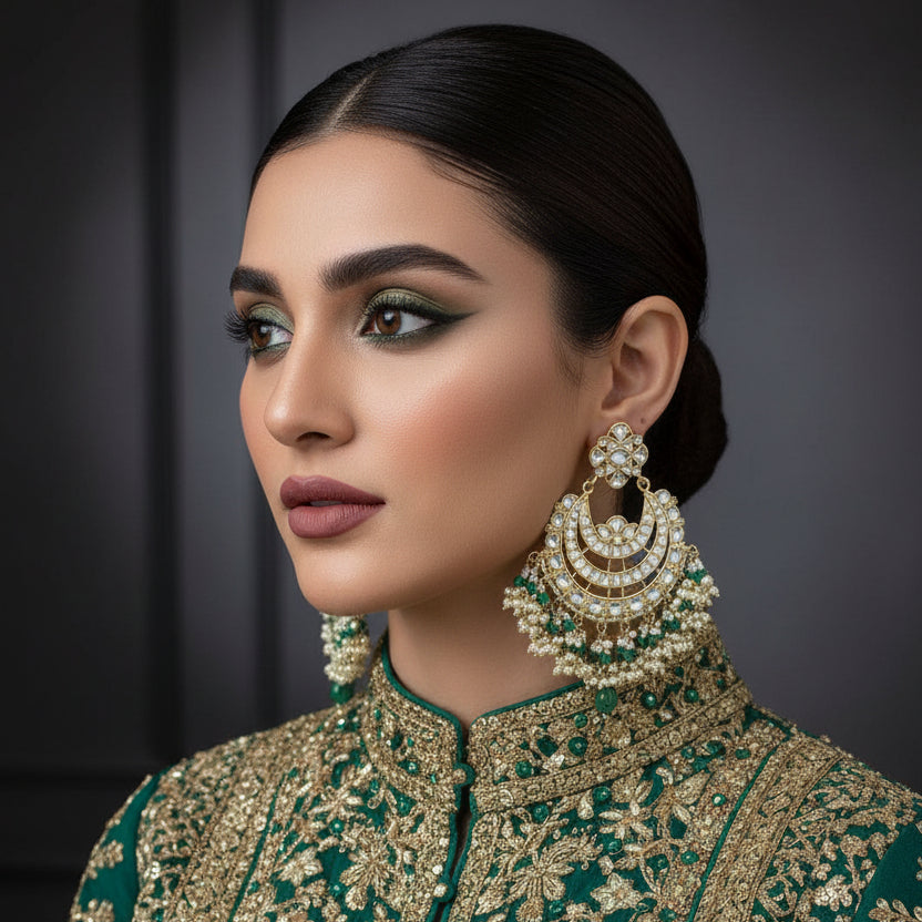Ornate earrings with pearls and green stones on a dark background