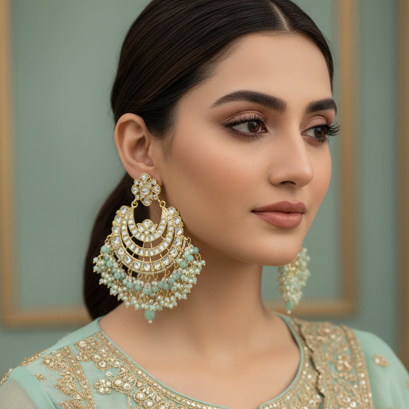 Pair of ornate earrings with pearls and gemstones on a dark background
