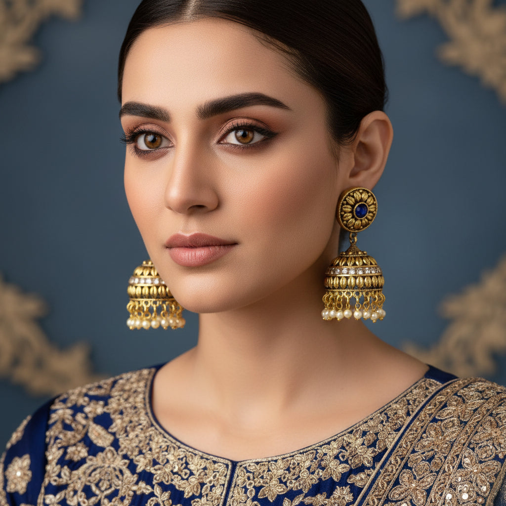 Gold earrings with blue gemstones on a gray stand, branded 'Saheli'.