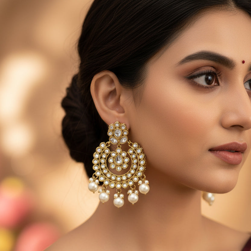 Ornate gold and pearl earrings on a dark background with 'SAHELI' branding.