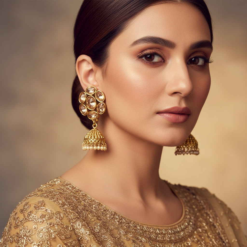 Gold earrings on a gray stand with 'Saheli' branding.