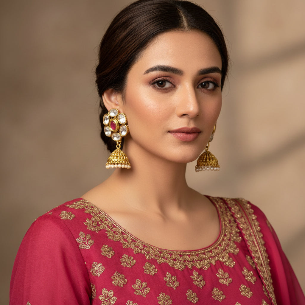 Gold earrings with red gemstones on a dark background, branded 'Saheli'.