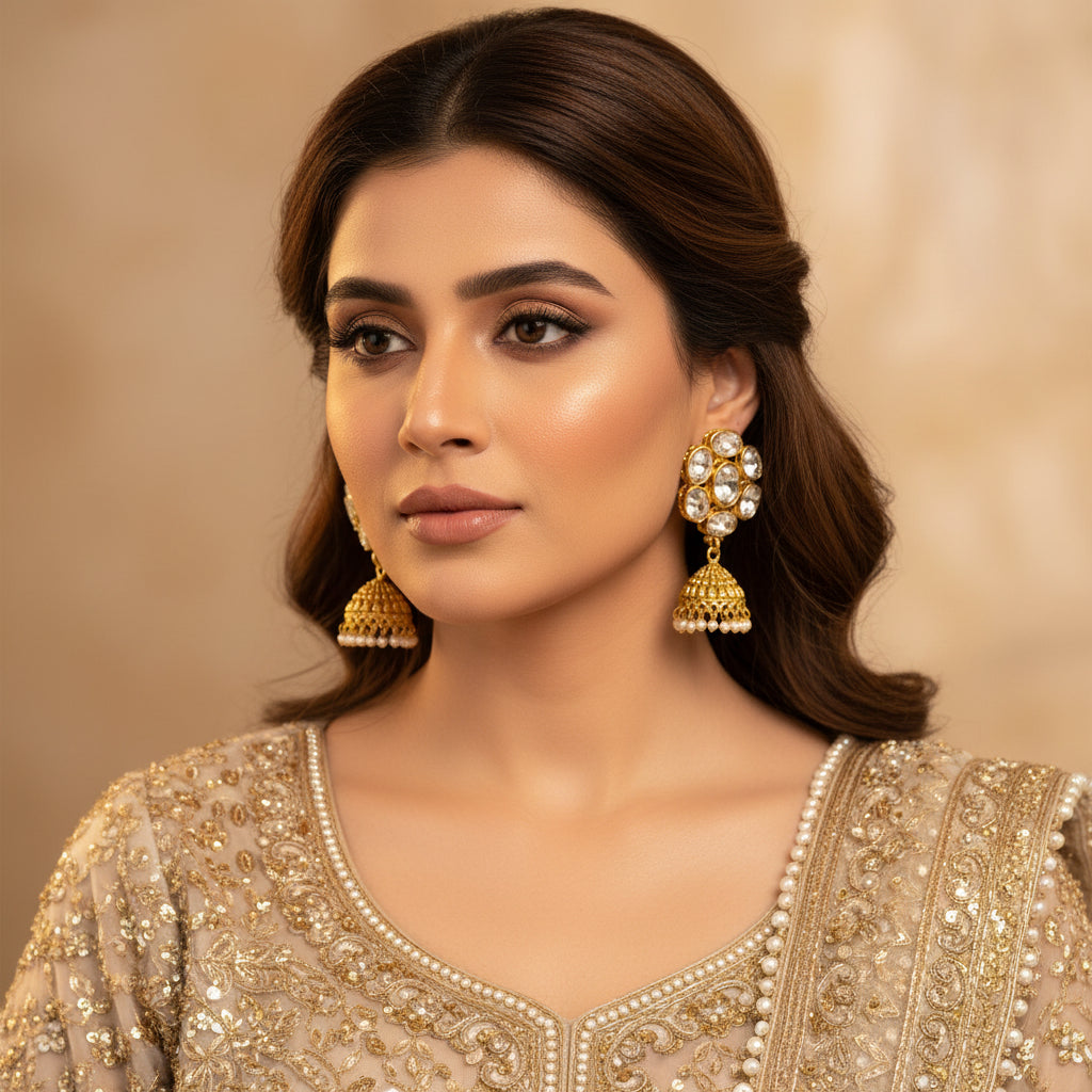 Gold earrings with clear stones on a gray stand, branded 'Saheli'.