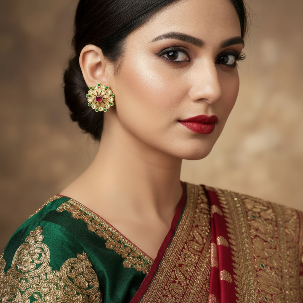 Gold earrings with red and green stones on a dark background, branded 'Saheli'.