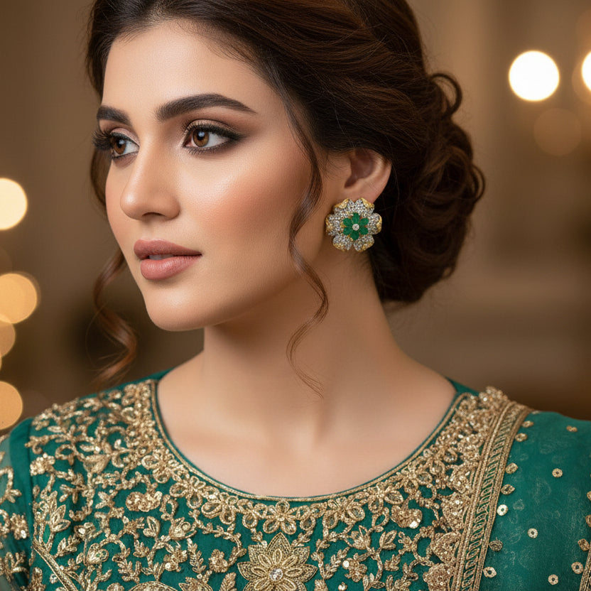 Gold and green floral earrings on a dark background with 'SAHELLI' branding.