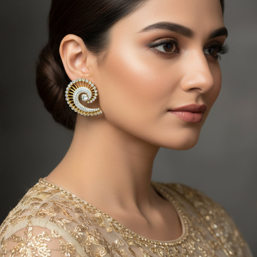 Pair of spiral-shaped earrings with gold and silver details on a dark background, branded 'Saheli'.