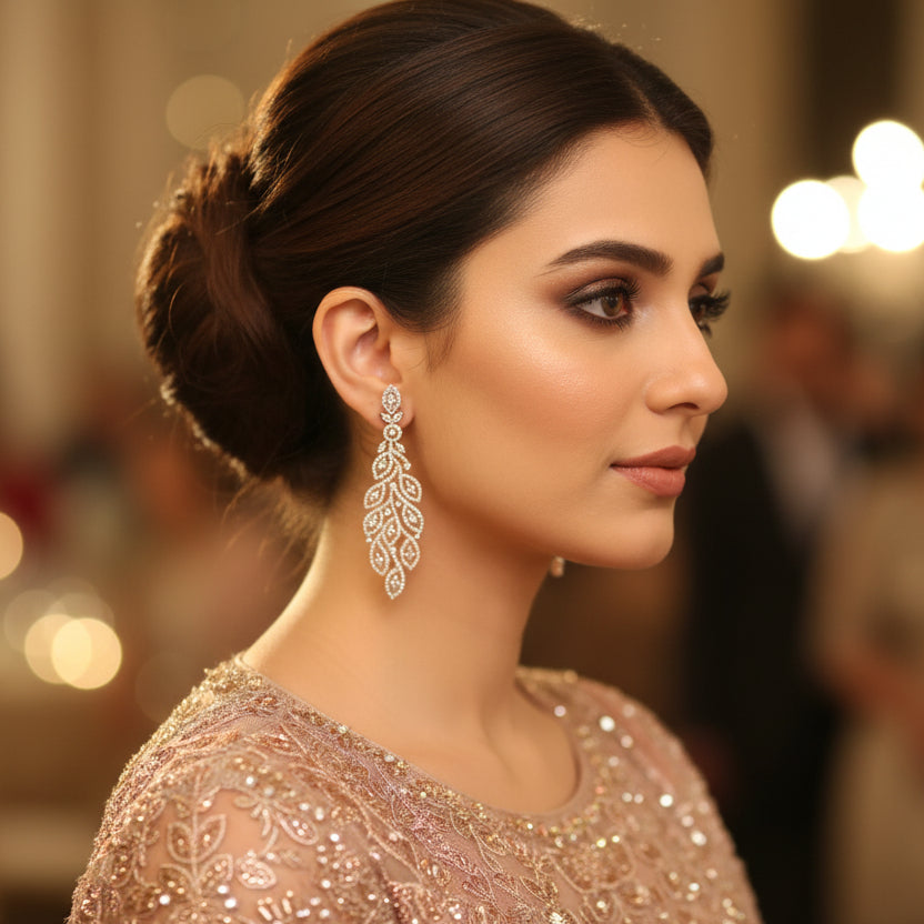 Pair of feather-shaped earrings on a dark background