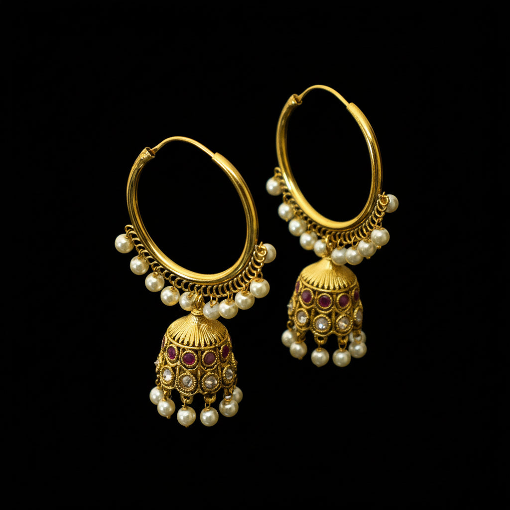 Gold earrings with pearl and gemstone details on a black stand, branded 'Saheli'.