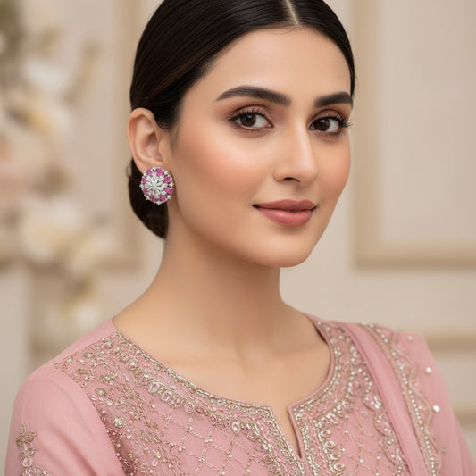 Pair of pink gemstone earrings on a dark background