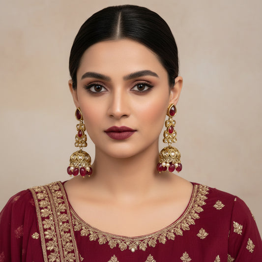 Gold and red earrings on a gray stand with 'SAHELI' branding.