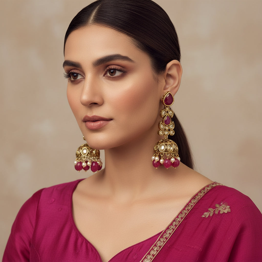 Ornate gold and red earrings on a black stand with 'SAHELI' branding.