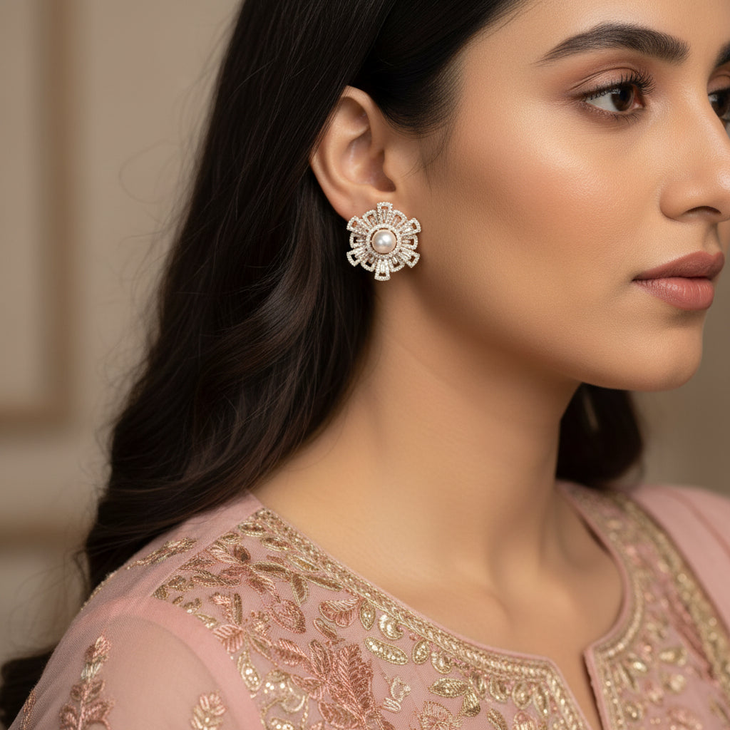 Pair of decorative earrings with pearls on a black background