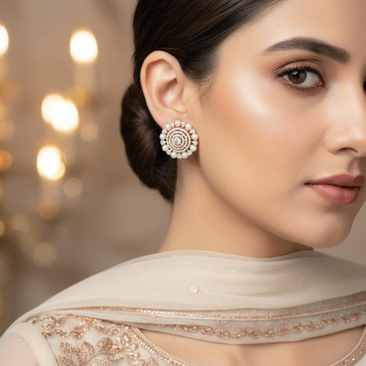 Pair of pearl and diamond earrings on a dark background
