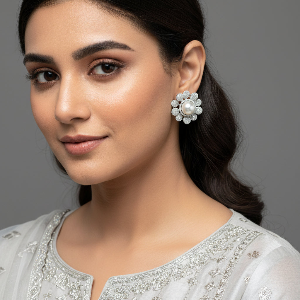 Pair of silver earrings with pearl centers on a dark background
