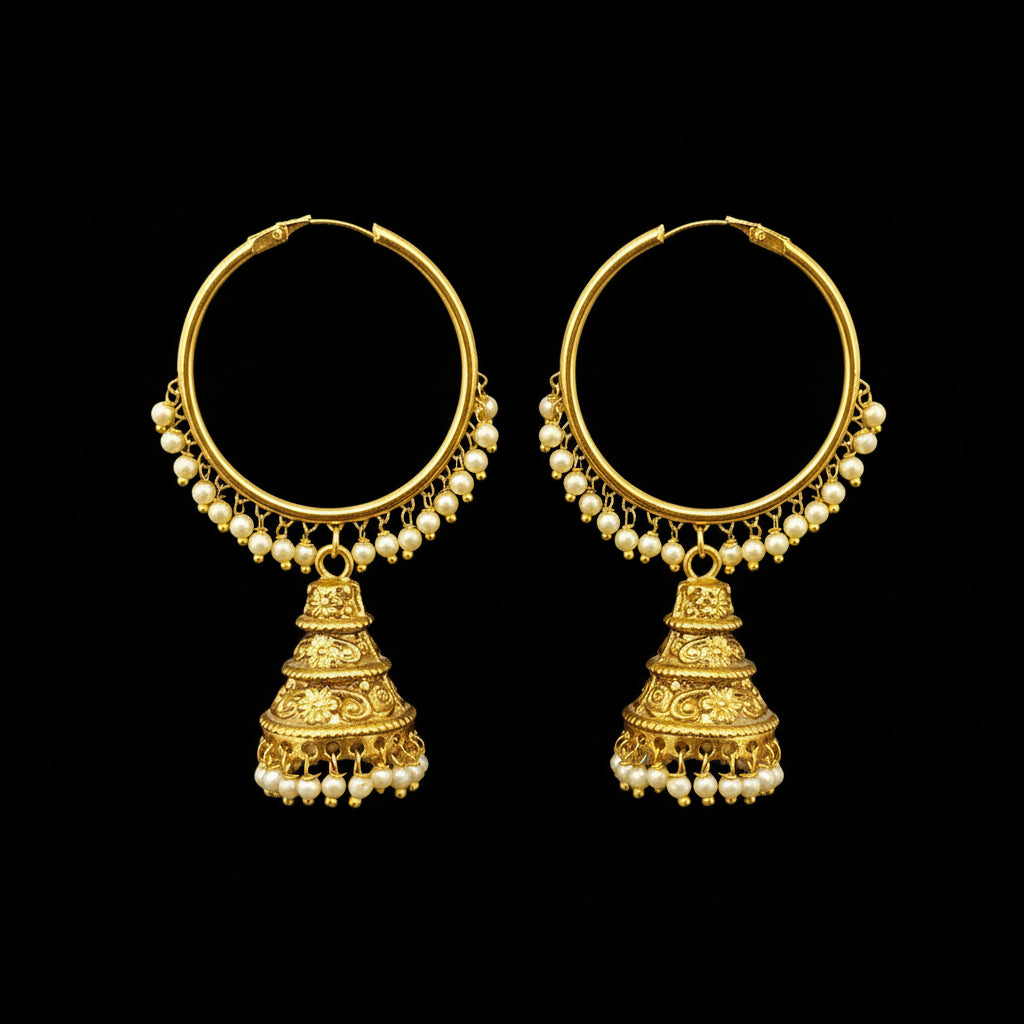 Gold hoop earrings with pearl drops on a gray stand, featuring the brand 'SAHELI'.