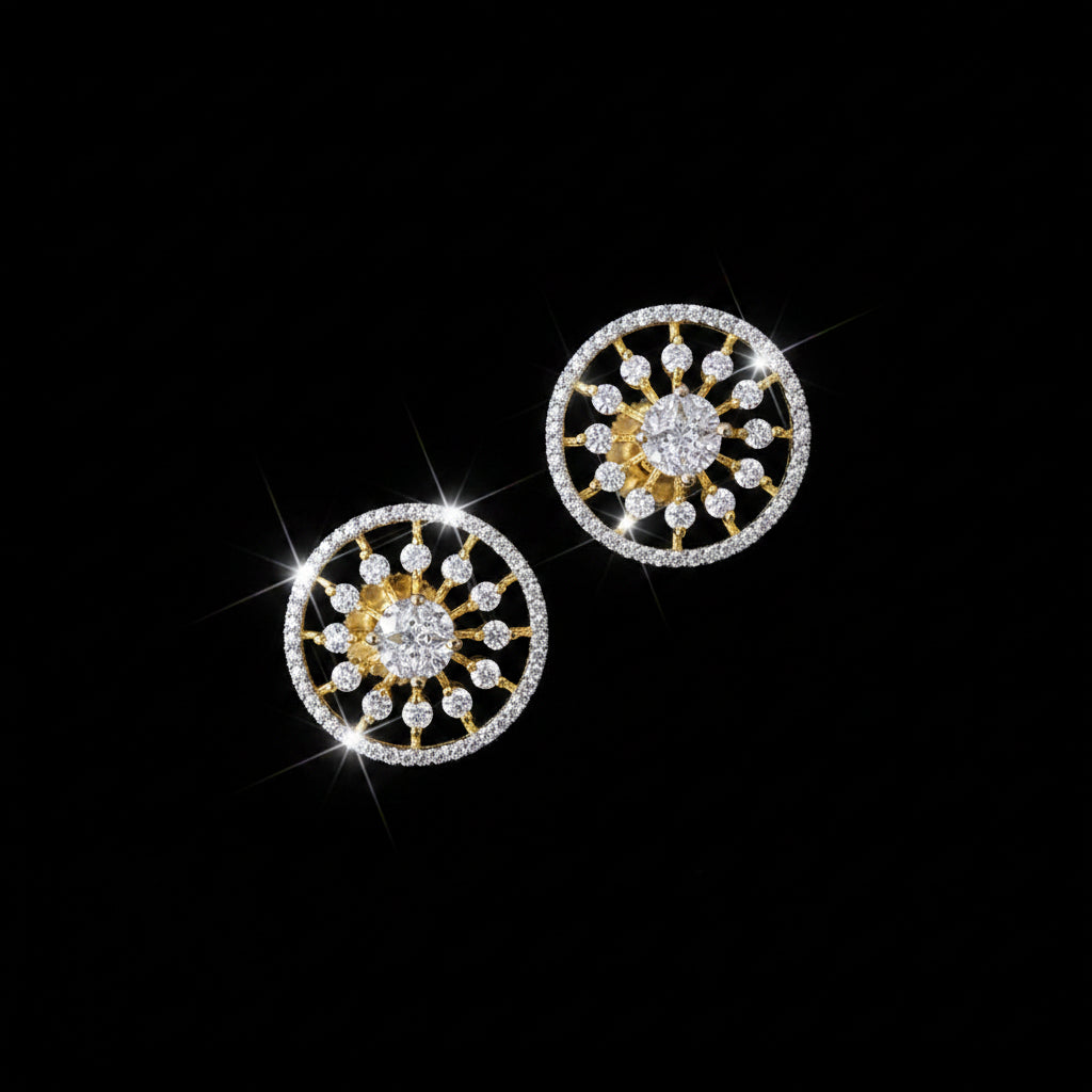 Pair of round earrings with diamond-like stones on a dark gray background